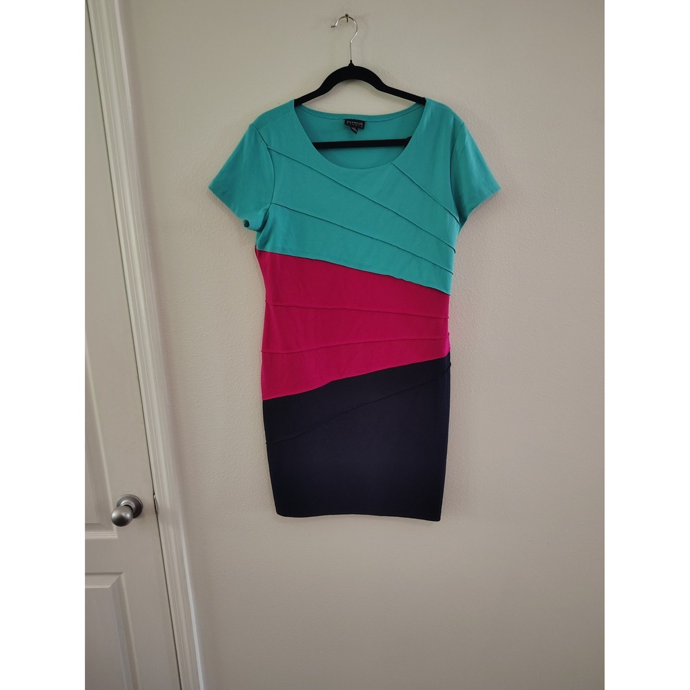 En Focus Studio Womens Colorblock Tiered Sheath Dress Teal Pink Navy Size 14